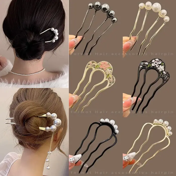 Peignes à cheveux en métal en forme de U, fourchette à cheveux avec pompon en perles, épingles à che