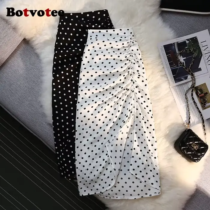 Botvotee Sexy Vintage Pokal Dot imprimé trompette jupe Midi pour les femmes dos élastique côté fendu