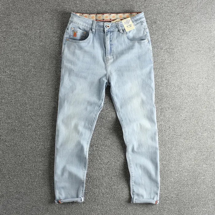 Jean bleu clair délavé rétro pour hommes, pieds slim, pantalon américain polyvalent à neuf points po