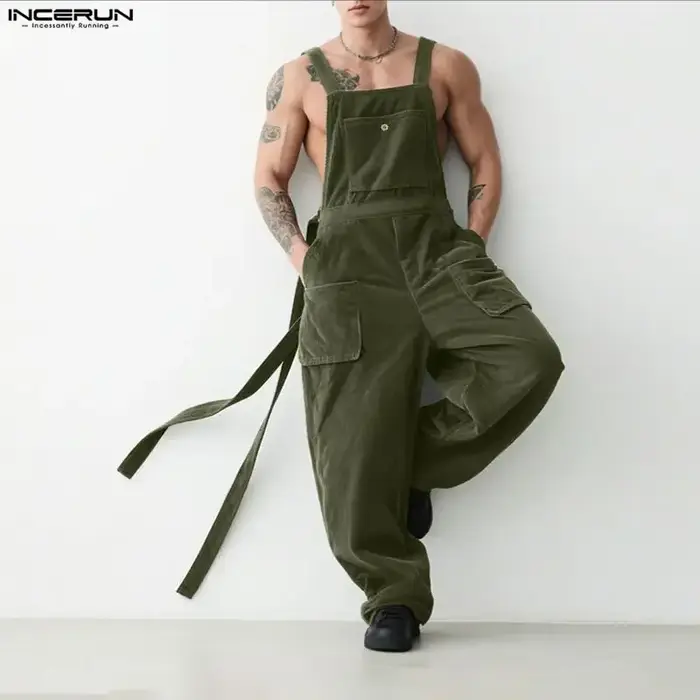INCERUN Combinaisons pour hommes, couleur unie, style jogger, en velours côtelé, amples, décontracté