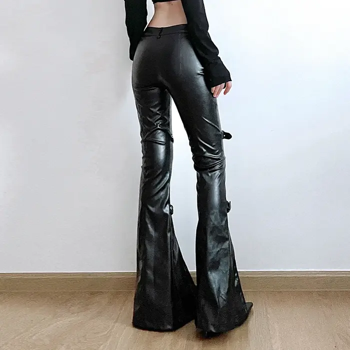 SUCHCUTE PU cuir Flare pantalon Goth boucle dentelle Patchwork pantalon femmes mode Y2K Streetwear V