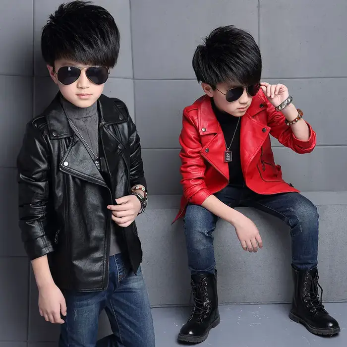 Veste imperméable en cuir PU avec fermeture éclair pour enfants, manteau pour garçons, vêtements pou