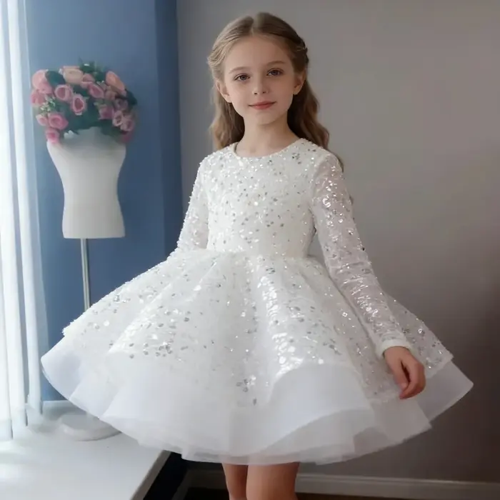 Robe de princesse pour filles, tenue de cérémonie, robe blanche à sequins pour anniversaire, tutu po