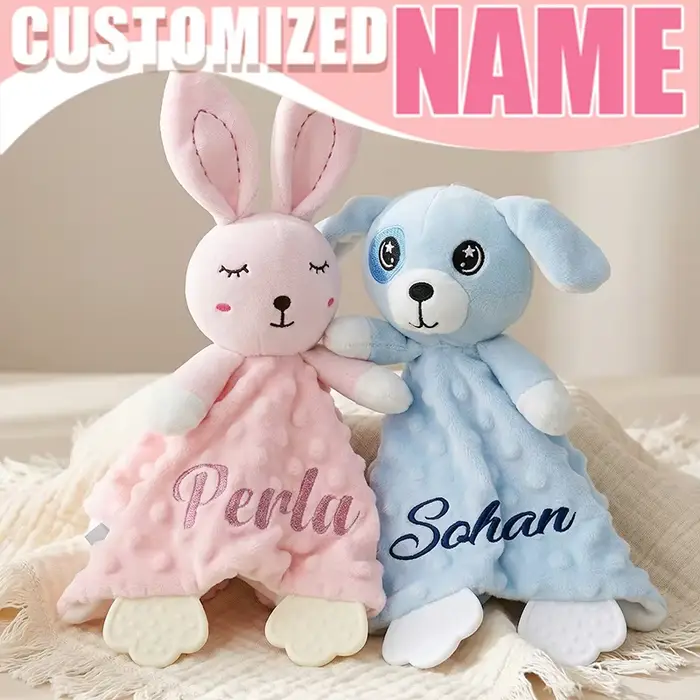 Doudou personnalisé pour bébé en forme de lapin avec hochet en silicone, personnalisable avec le nom