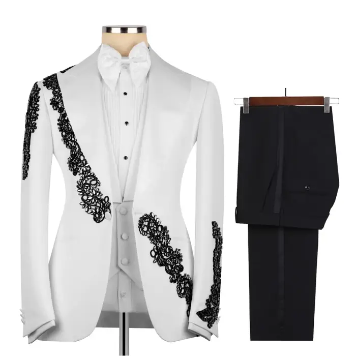Costume de Mariage Formel Perlé pour Homme – 3 Pièces Slim Fit avec Veste à Revers Châle, Pantalon e