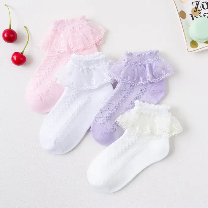 4 paires de chaussettes à volants en dentelle pour filles, respirantes, confortables, adorables, Sty
