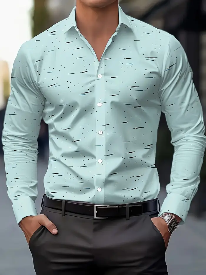 Chemise boutonnée imprimée décontractée bleu clair pour hommes – Polyester respirant, manches longue