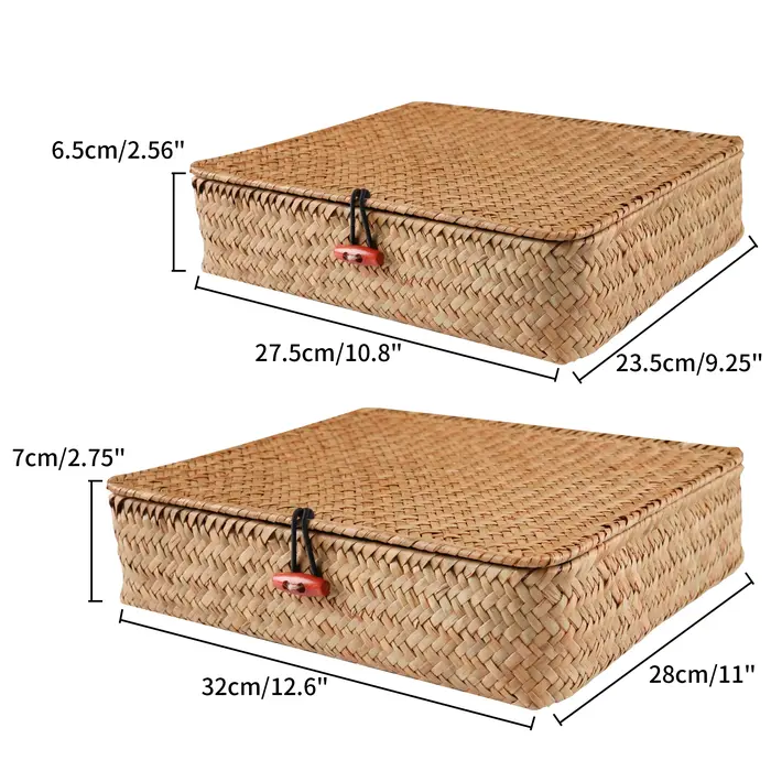 Paniers en jonc de mer avec couvercle, 2 pièces, panier de rangement en osier, bacs de rangement pla