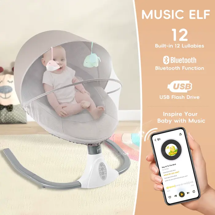 Balançoire électrique pour bébé, videurs à 4 vitesses, berceuses intégrées, fonction Bluetooth, pare