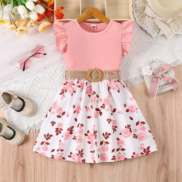 Robe décontractée à imprimé floral romantique pour fille, avec bords à volants et petites manches vo