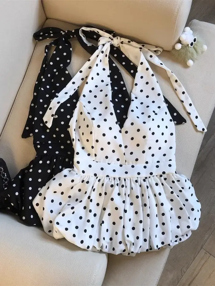 Nouveau débardeur court sexy dos nu pour femme, style babydoll de plage, à pois, col en V, sans manc