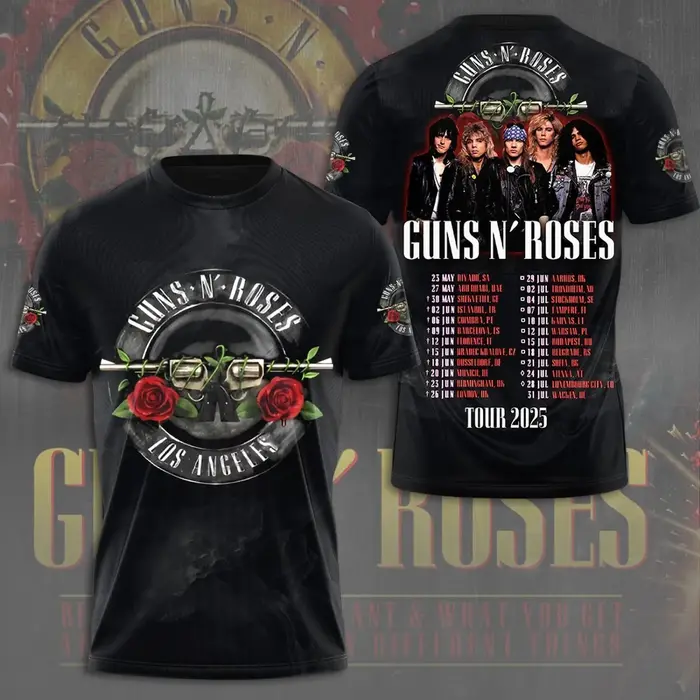 Chemise 3D Guns N' Rose 2025 Tour – Epic Rock Tee pour collectionneurs de musique États-Unis