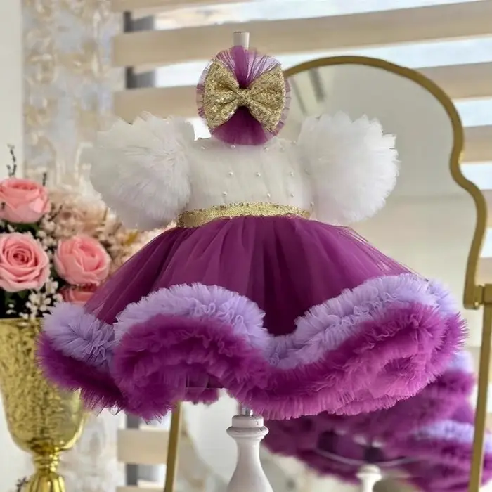 Robe tutu à manches courtes pour filles, tenue de scène pour enfants, robe de performance pour conco