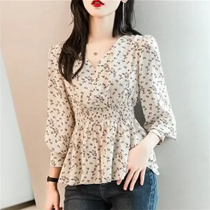 Chemise à col en V à boutons perlés pour femmes, chemise florale rétro, tunique, chemisiers à manche