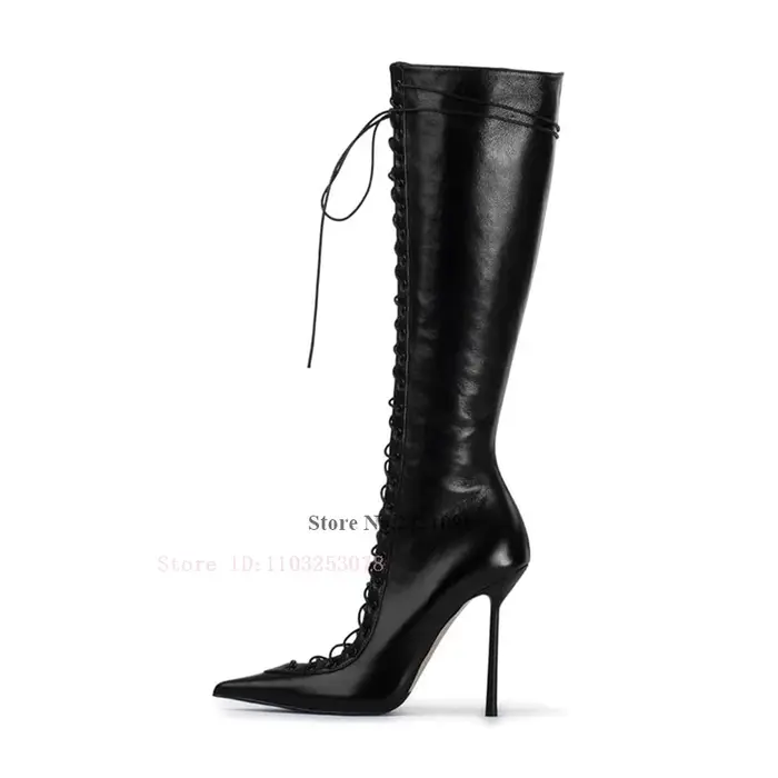 Thin Heeled Blue Denim Jeans Cut-Out Pointed Toe Front Lace-Up Fastening 120Mm Stiletto Heel Boots W