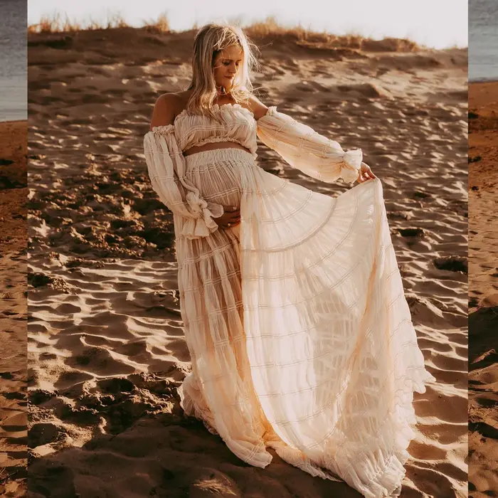 Robe de maternité pour séance Photo plissée en mousseline de soie, Sexy, épaules dénudées, haut fend