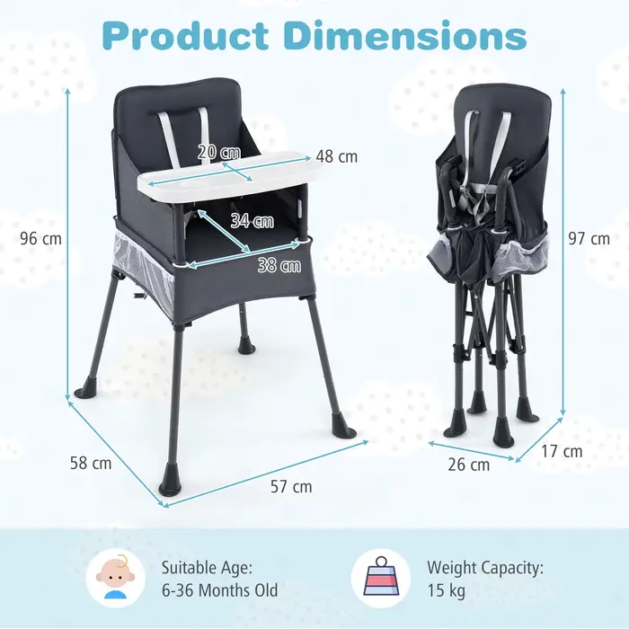 Chaise haute pliante pour bébé avec plateau réglable, sac de rangement et ceinture de sécurité, chai