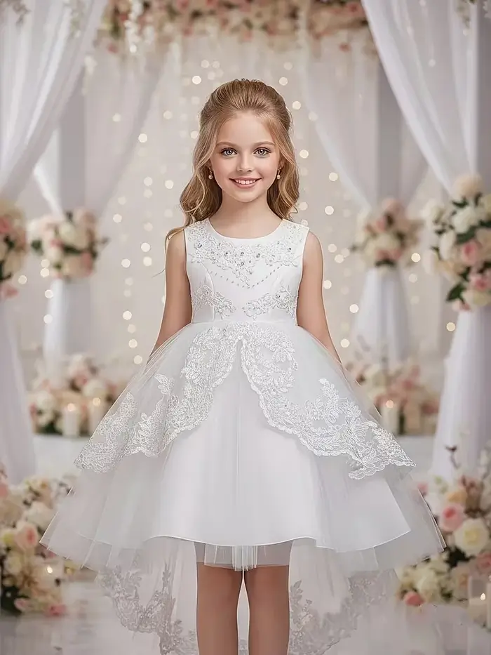 Robe de cérémonie fille brodée dentelle et perles princesse élégante pour anniversaire mariage fêtes de fin d'année occasions spéciales enfants