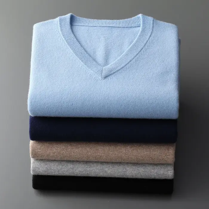 Cachemire coton mélange classique col en v tricoté pull hommes pull 2024 automne hiver doux chaud af
