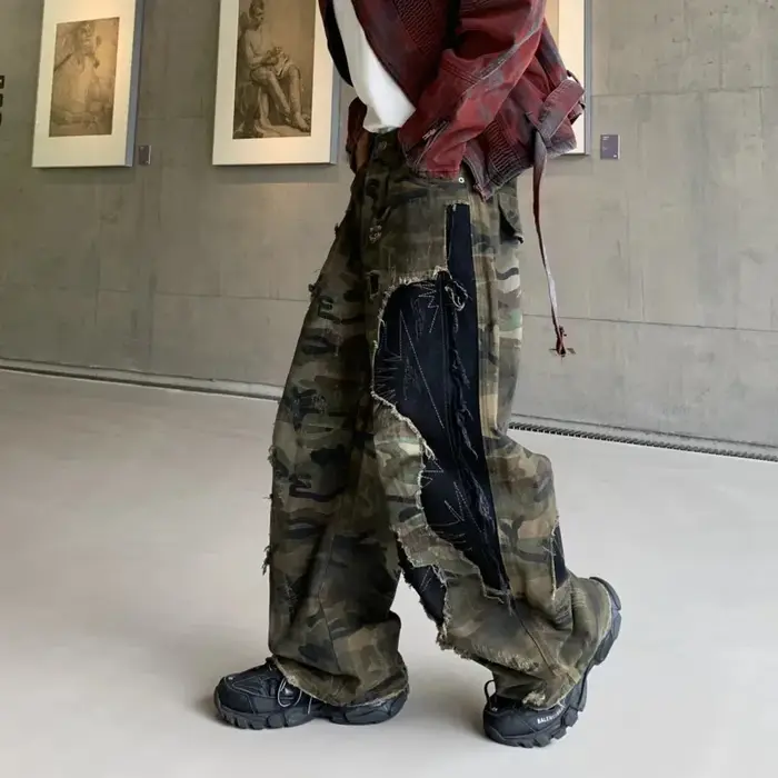 Faux jean déchiré délavé de Camouflage pour hommes, pantalon décontracté, ample et droit, nouvelle c