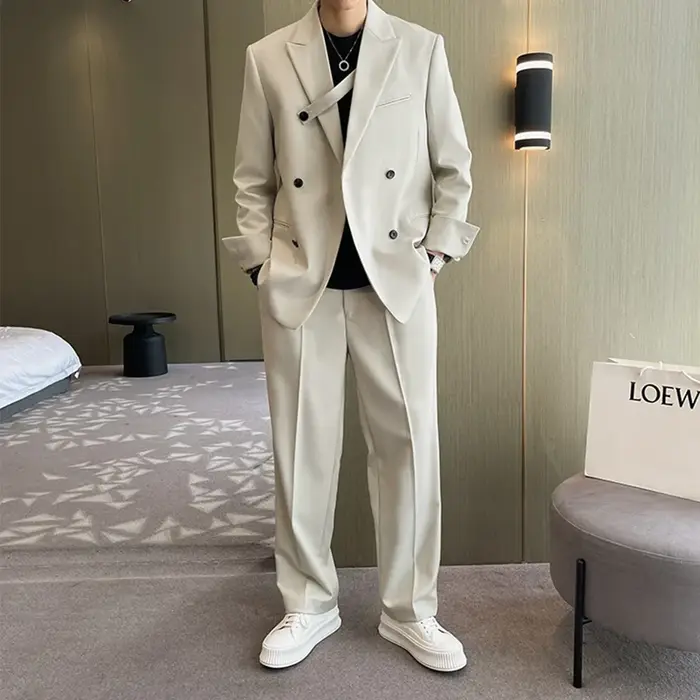 Costumes amples ivoire pour hommes, vêtements pour petit ami, veste et pantalon décontractés, ensemb