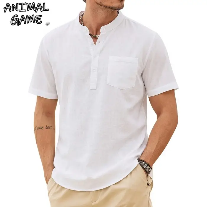 Chemise d'été décontractée pour homme à manches courtes, en lin de luxe uni, tendance, respirante, a
