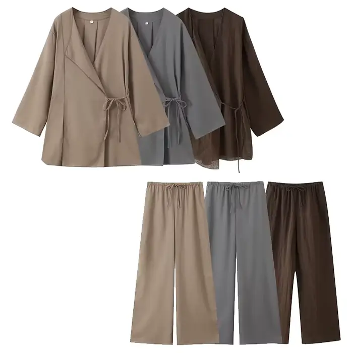 Willshela femmes mode 2 pièces ensemble solide à lacets chemises et Vintage taille élastique pantalo