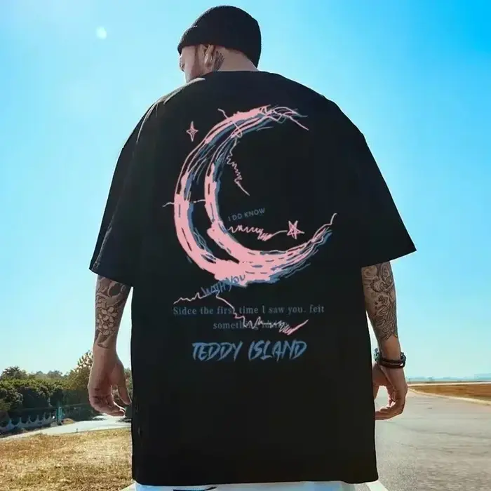 Hommes surdimensionné 8XL T-shirt mode ample américain Vintage rose croissant imprimé à manches cour