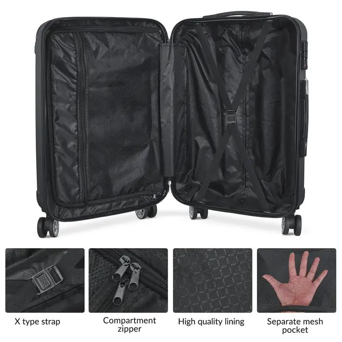 Set de valises 3 pièces, bagages cabine ABS rigide, roulettes 360°, serrure à code, trolley léger av