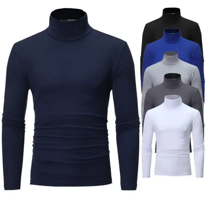 T-Shirt à col roulé pour hommes, couleur unie, décontracté, manches longues, chemise basique, mode, 