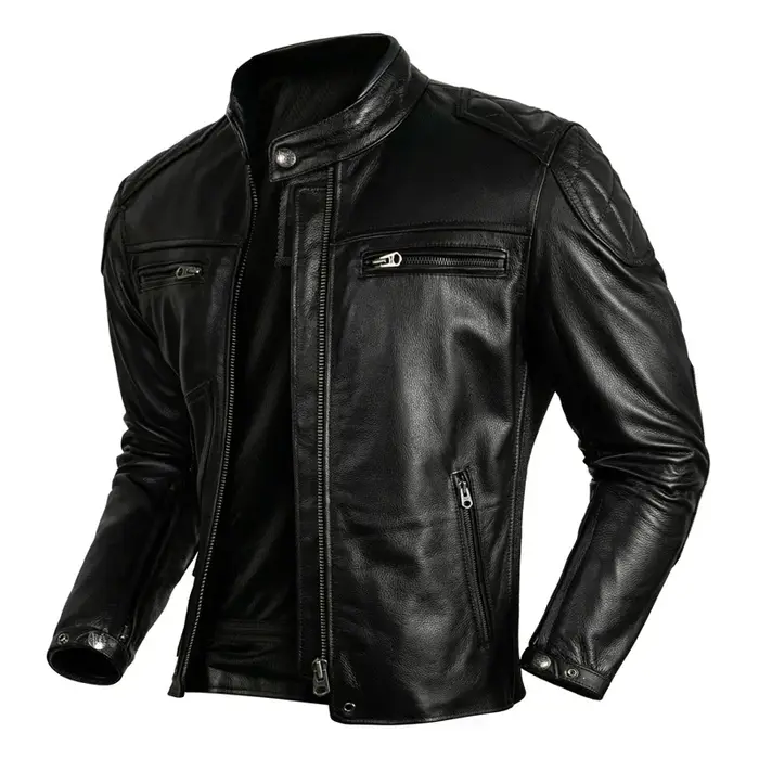 Veste en cuir de vachette couche supérieure pour hommes, col montant noir, manteau court en cuir vér