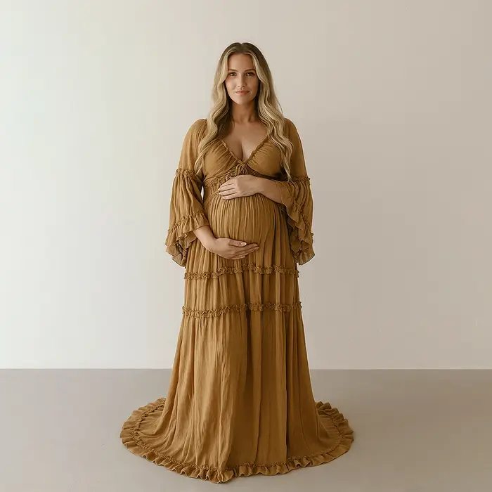 Robe de maternité fluide style Boho, manches longues, à volants, Maxi, robe de grossesse, réception-