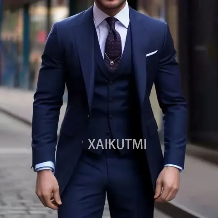 Costume 3 Pièces Bleu Marine pour Homme, Décontracté, Coupe Cintrée, Revers Cranté, Formel, Meilleur