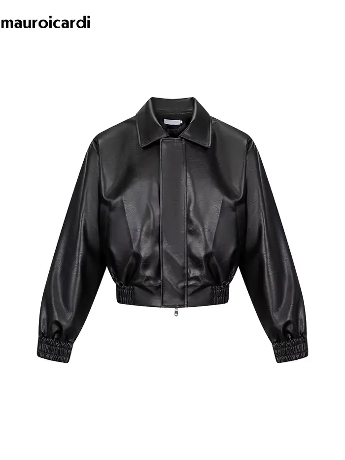 Mauroicardi printemps automne Cool surdimensionné court noir doux Pu veste en cuir hommes fermeture 