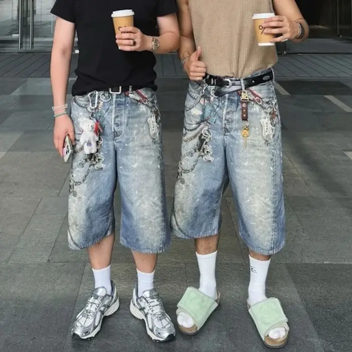 Shorts en jean baggy patchwork imprimé 3D pour hommes, style streetwear, nouvelle collection été, co