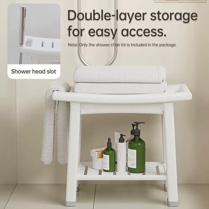 Banc de douche durable avec rangement à deux niveaux et coussinets antidérapants pour femmes et hommes occasions quotidiennes et cadeaux