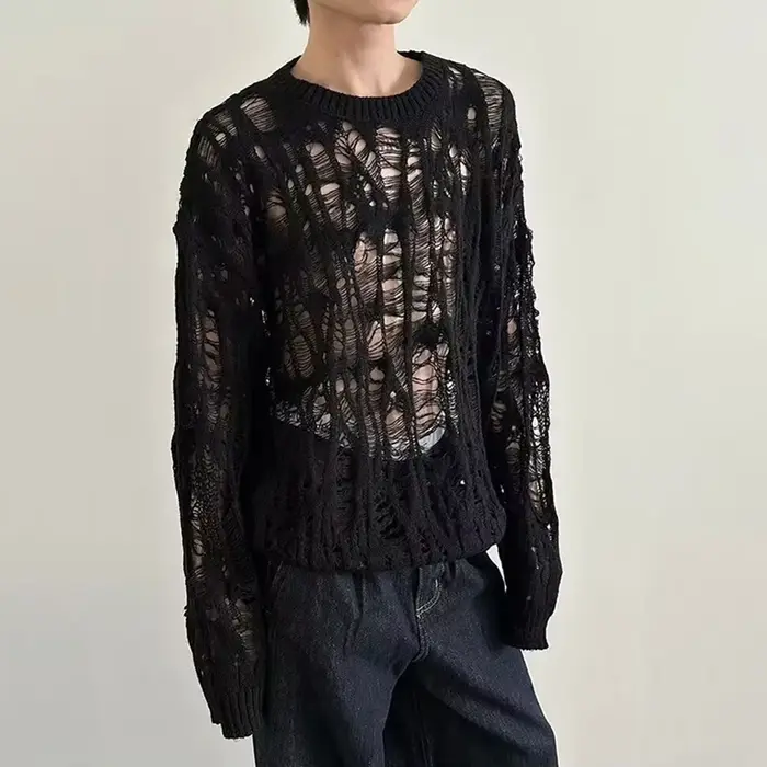 Vintage déchiré évider maille tricot pull hommes automne Streetwear mode col rond à manches longues 