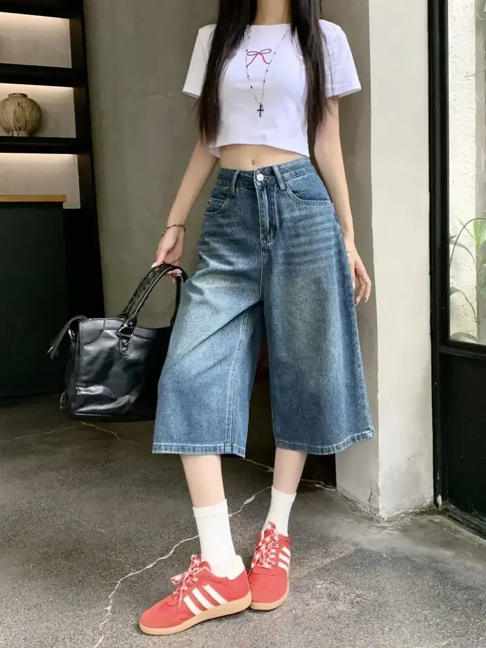 Shorts en jean vintage style américain Y2K pour femme, coupe ample, taille haute, délavage, longueur