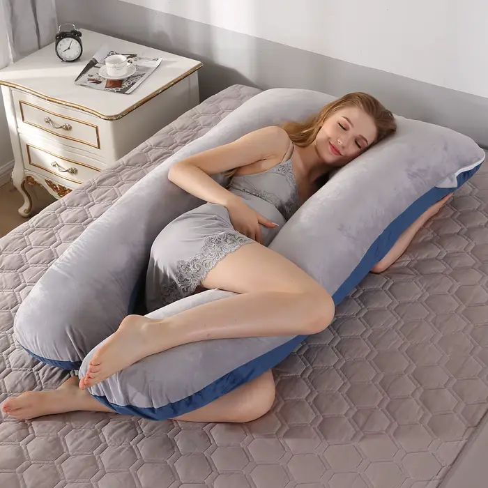 Coussin de maternité gris bleu 120x70cm - Coussin de grossesse en peluche douce pour dormir, soutien