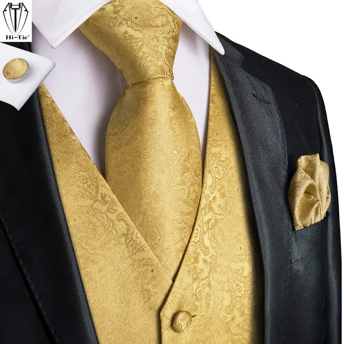 Gilet de Costume Homme Luxe Doré Rouge Bleu Vert Jaune avec Cravate Nœud Papillon Pochette Boutons d