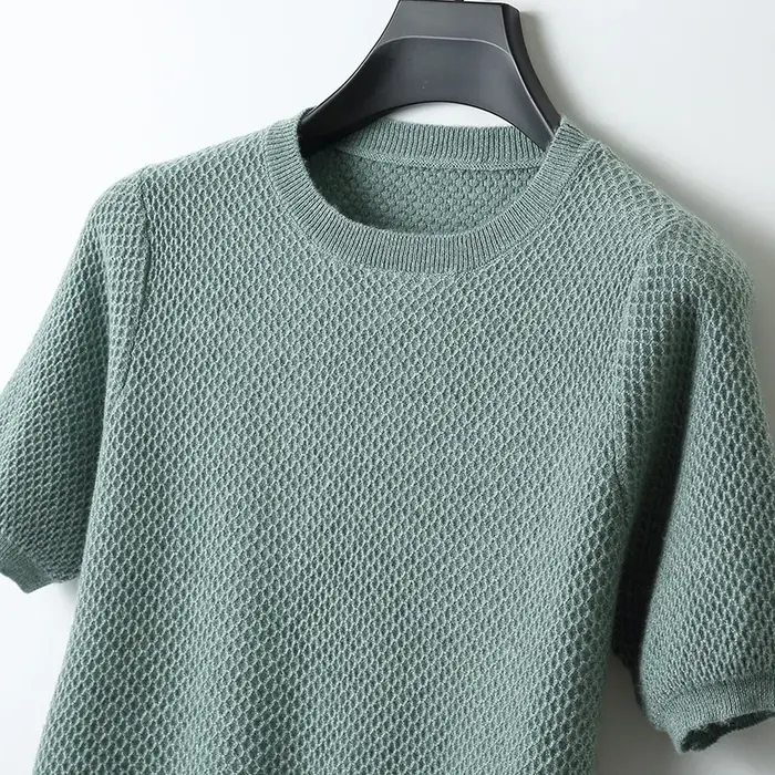 T-Shirt tricoté en laine mérinos pour hommes, col rond, aiguille en nid d'abeille, gilet à manches c