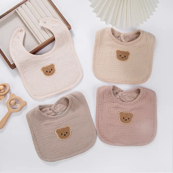 Bavoirs en mousseline de coton pour bébé, ours mignon, serviette de salive, poches absorbantes en U,