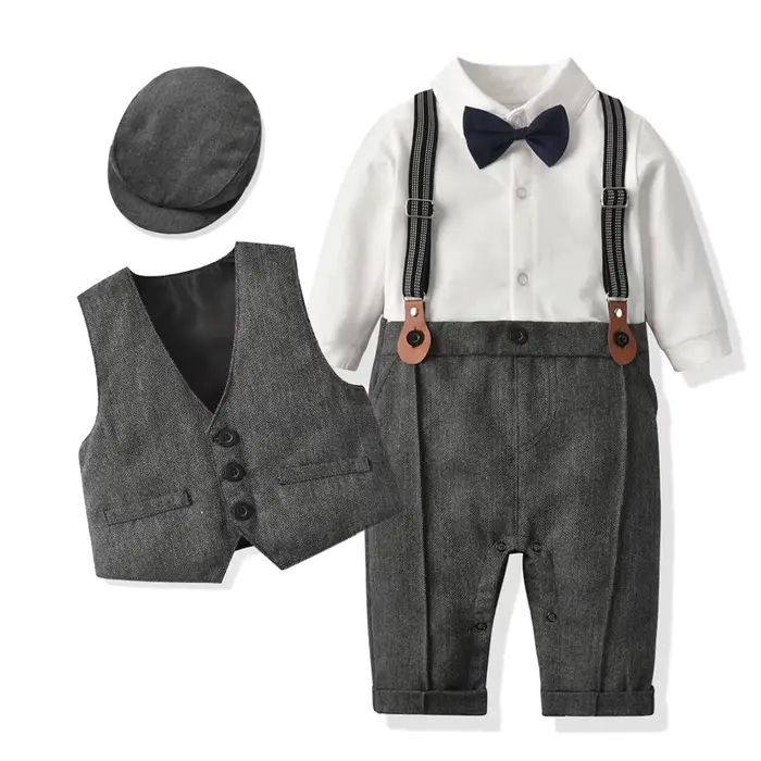 Ensemble formel bébé garçon Gentleman - Costume manches longues avec chapeau et gilet pour anniversaire