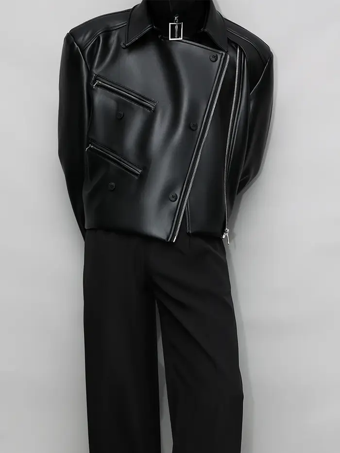 Mauroicardi-Veste en cuir PU pour homme, manches longues, col montant, vêtements de créateur de luxe