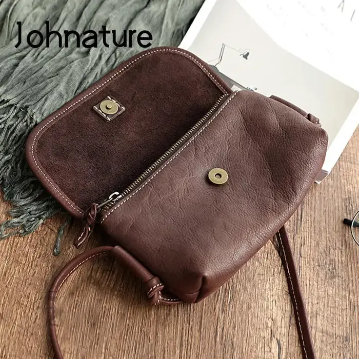 Sac à main pour femme en cuir de vache souple rétro fait à la main par Johnature, nouveau modèle 202