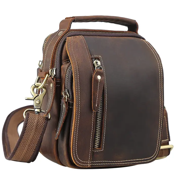 100% sacs de messager en cuir véritable rétro en cuir de vache homme sac corssbody poignées multifon