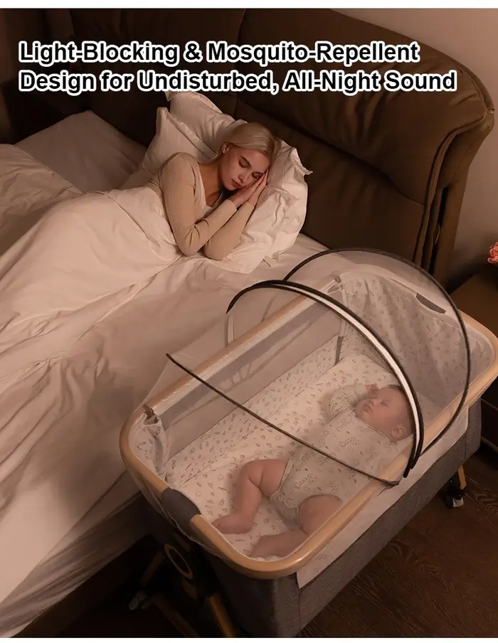 Lit bébé multifonctionnel avec réglage de hauteur pliable, berceau portable et mobile à accrocher au