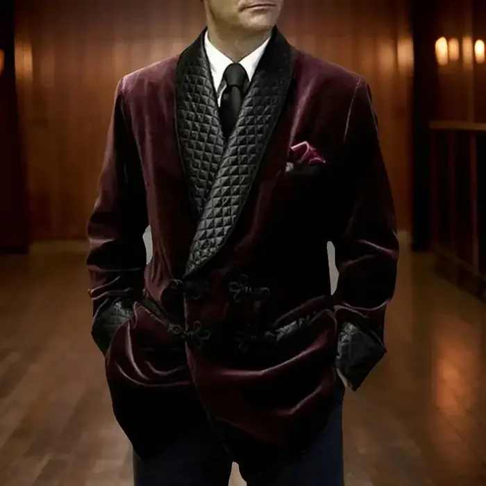 Veste longue imbibée pour homme, blazer imbibé de velours, manteau QueParty, revers châle, mariage, 