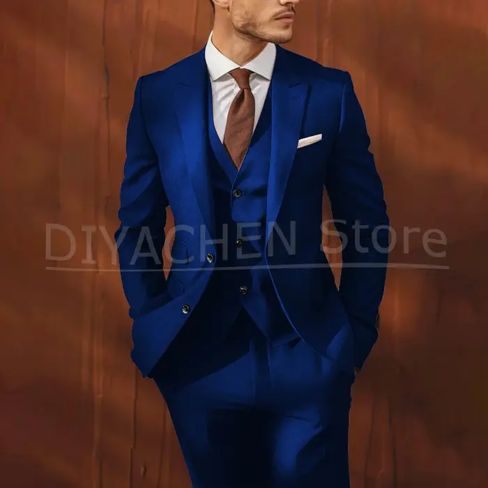 Élégant solide hommes costumes 3 pièces simple boutonnage pic revers smoking marié fête de mariage C