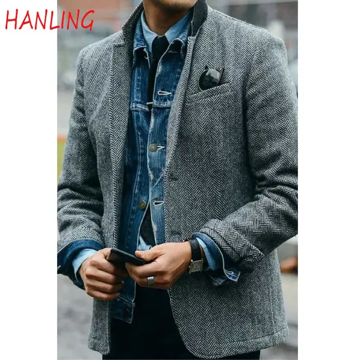 Veste d'hiver à chevrons pour homme, Blazer formel coupe cintrée, manteau chaud, polaire